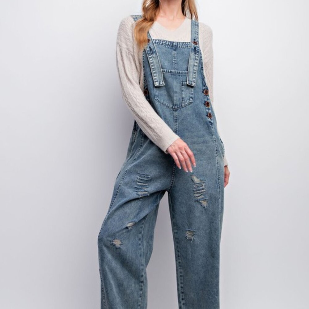 Comfy Washed Denim Loose Fit Wide Leg Jumpsuit